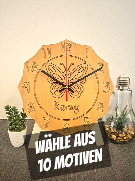 Kinder-Wanduhr für Mädchen – mit Namensgravur (10 Motive)